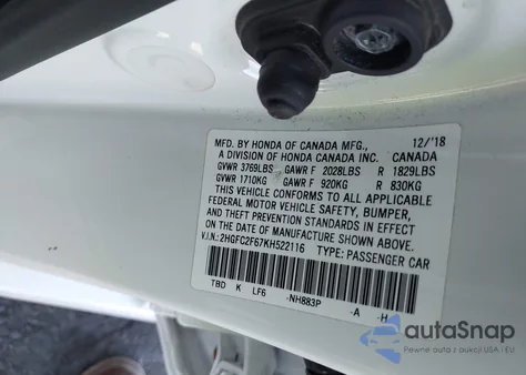 2019 Honda Civic Lx из США, поврежденный, VIN 2HGFC2F67KH522116